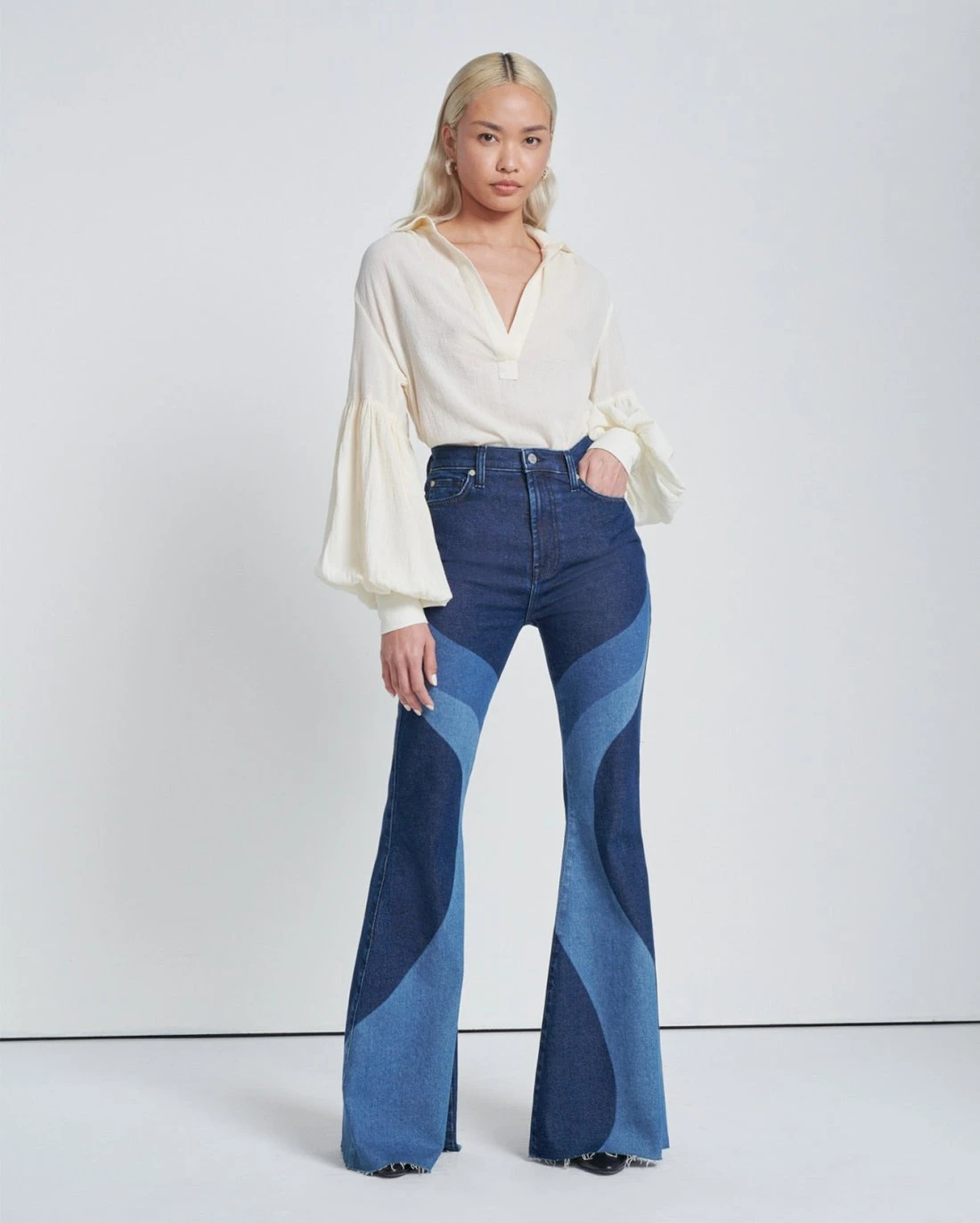 7 For All Mankind Mega Flare Jean In Indigo Swirl Delight 3 7 For All Mankind Mega Flare Jean In Indigo Swirl Delight