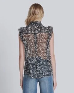 7 For All Mankind Sleeveless Ruffle Top In Black/White Print -7 For All Mankind 1e96c8584334ccf27f286b15695bb761