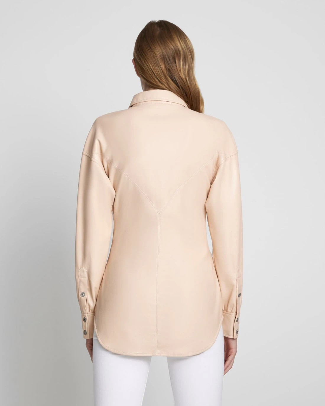 7 For All Mankind Faux Leather Cinched Waist Button Up Shirt In Nude 6 7 For All Mankind Faux Leather Cinched Waist Button Up Shirt In Nude - Image 4