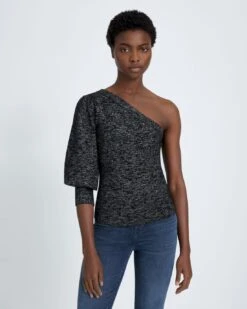 7 For All Mankind One Shoulder Sweater In Black Metallic
