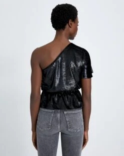 7 For All Mankind One Shoulder Ruffle Blouse In Black Shine -7 For All Mankind 47cd1588bd3d17db9cae82ba69c78772