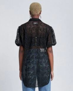 7 For All Mankind Puff Sleeve Lace Button-Up Tunic In Black -7 For All Mankind 741043a2002645696801697813302af8