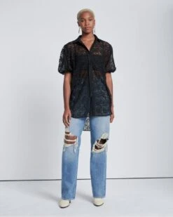 7 For All Mankind Puff Sleeve Lace Button-Up Tunic In Black -7 For All Mankind 783b9c2d3d8780a670eec49afa3039b7