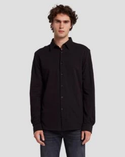 7 For All Mankind Pique Knit Button Down In Black
