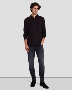 7 For All Mankind Pique Knit Button Down In Black -7 For All Mankind 7M260340 BLK 6