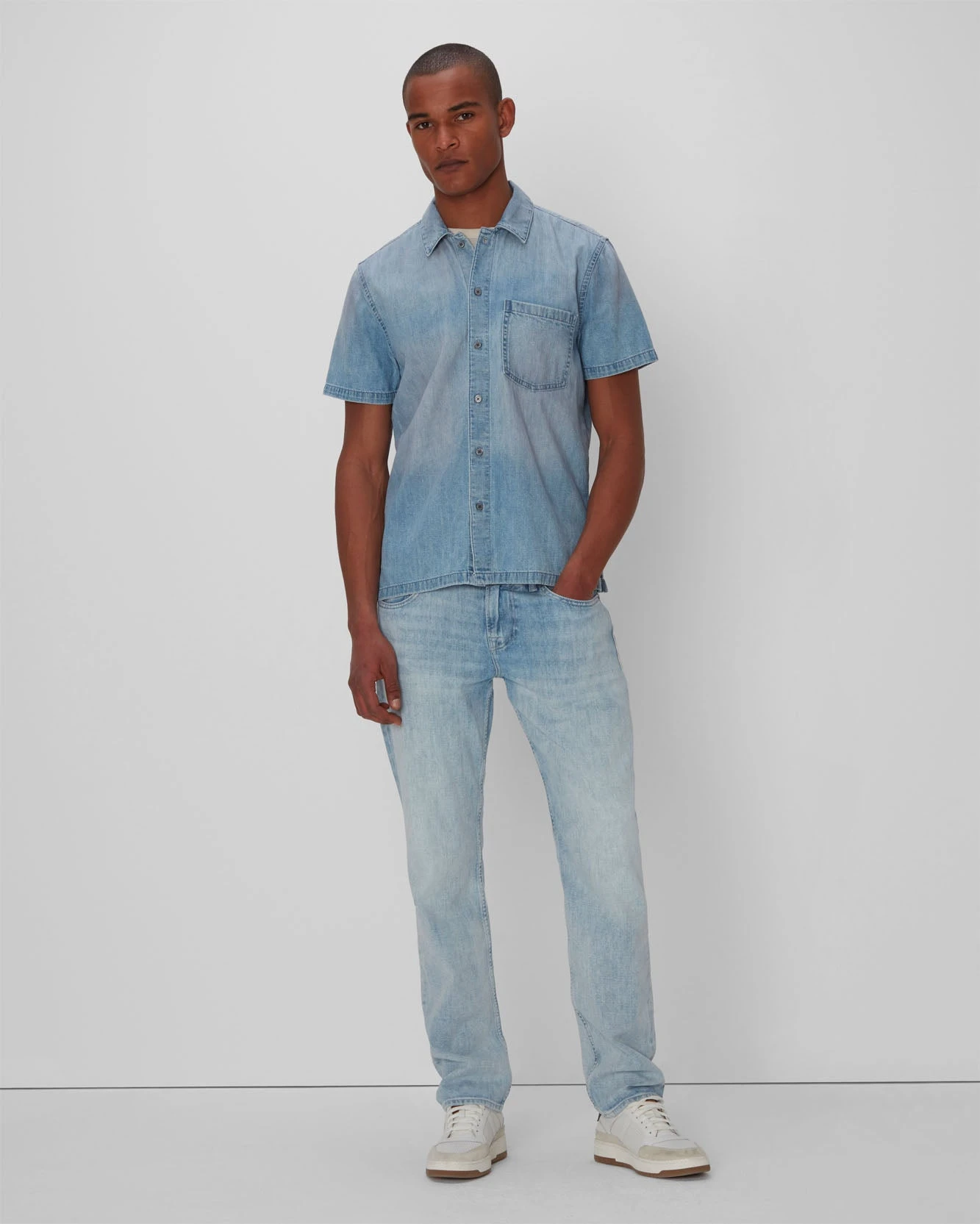7 For All Mankind Short Sleeve Camp Collar Denim Shirt In Midpines 7 7 For All Mankind Short Sleeve Camp Collar Denim Shirt In Midpines - Image 5