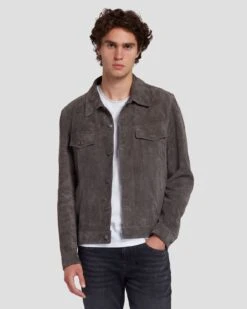 7 For All Mankind Suede Western Jacket In Dusty Grey