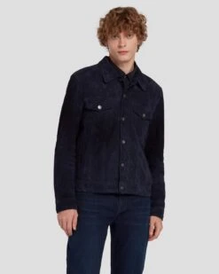 7 For All Mankind Suede Trucker In Navy