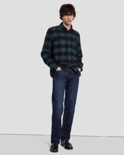 7 For All Mankind Flannel Overshirt In Hunter Green -7 For All Mankind 7MSFMS36 HUG 3
