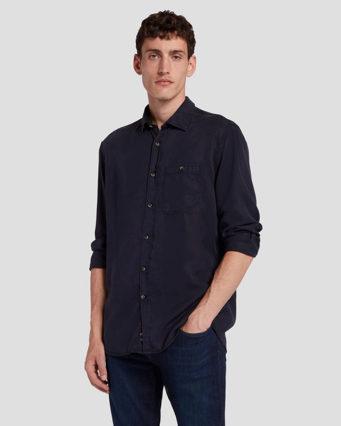 7 For All Mankind Tencel Shirt In Navy 3 7 For All Mankind Tencel Shirt In Navy