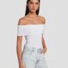 7 For All Mankind Off The Shoulder Ribbed Top In Bright White