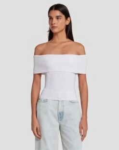 7 For All Mankind Off The Shoulder Ribbed Top In Bright White -7 For All Mankind 7N116F23 BRW 3