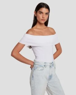 7 For All Mankind Off The Shoulder Ribbed Top In Bright White -7 For All Mankind 7N116F23 BRW 5
