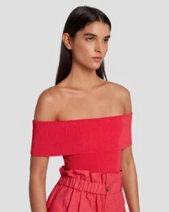 7 For All Mankind Off The Shoulder Ribbed Top In Geranium -7 For All Mankind 7N116F23 GER 3