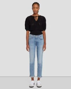 7 For All Mankind Short Sleeve Crochet Sweater In Black -7 For All Mankind 7N118C72 BLK 1