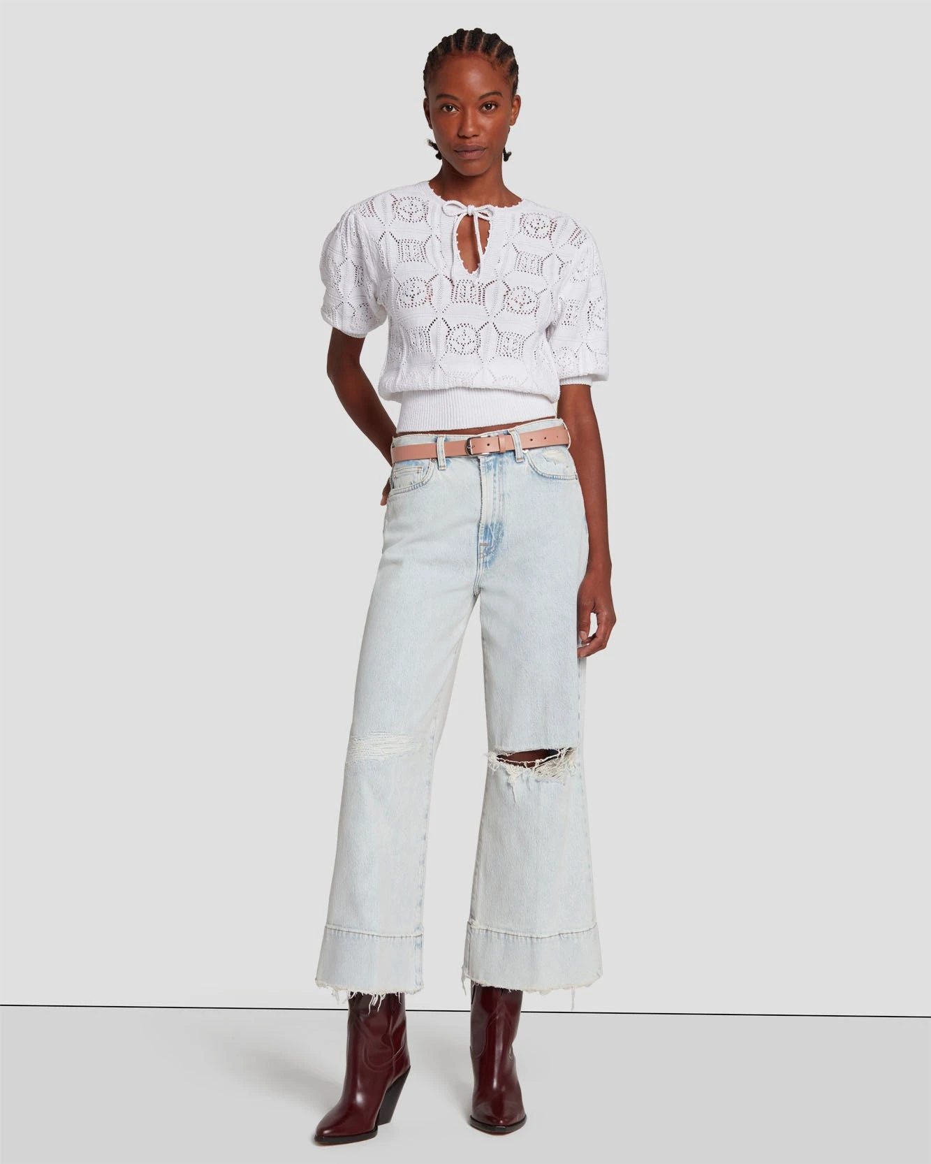 7 For All Mankind Short Sleeve Crochet Sweater In Bright White 4 7 For All Mankind Short Sleeve Crochet Sweater In Bright White - Image 2