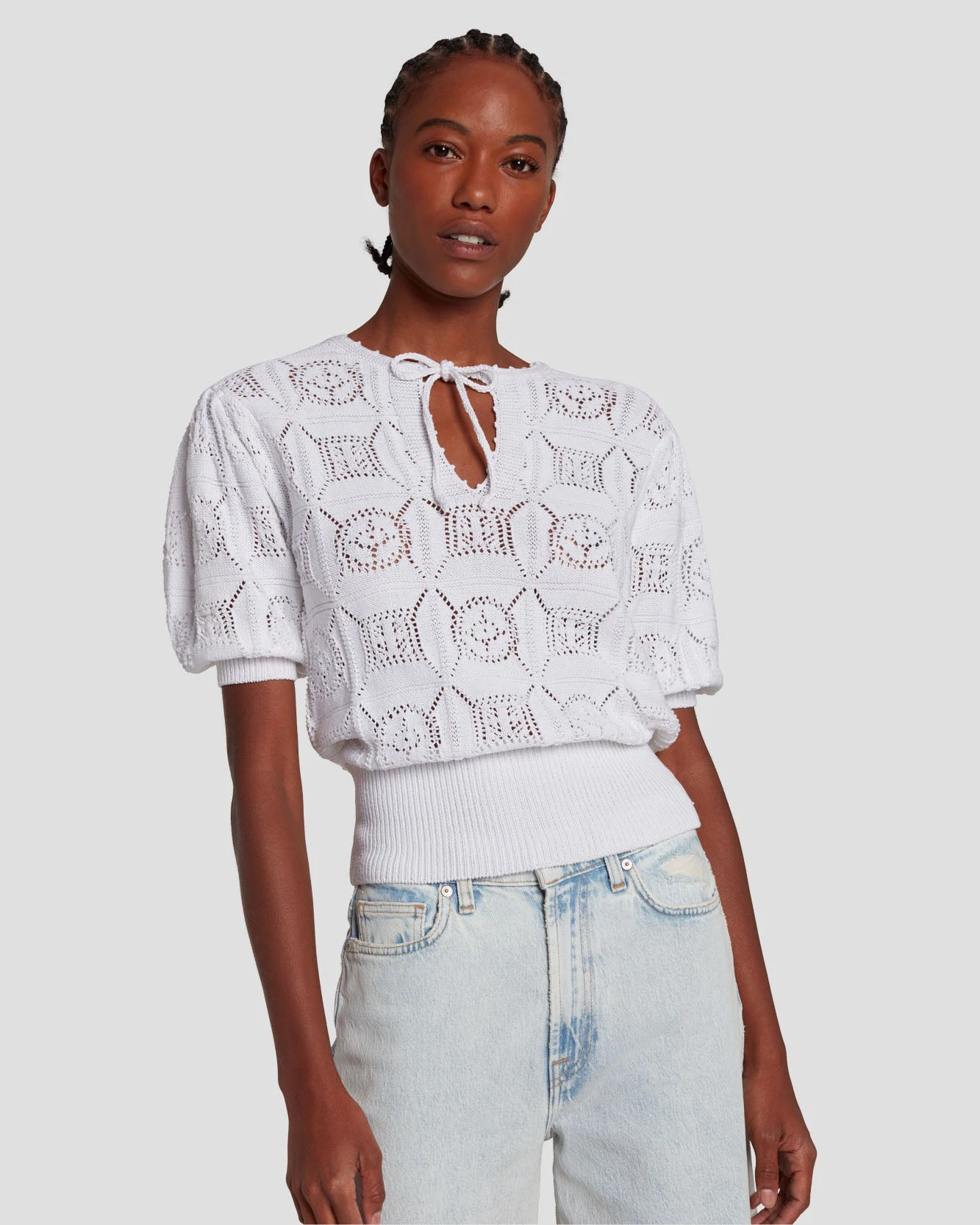 7 For All Mankind Short Sleeve Crochet Sweater In Bright White 5 7 For All Mankind Short Sleeve Crochet Sweater In Bright White - Image 3