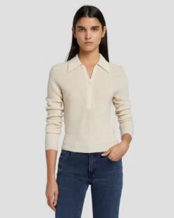 7 For All Mankind Quarter Zip Polo Sweater In Cream -7 For All Mankind 7N120F35 CRM 5