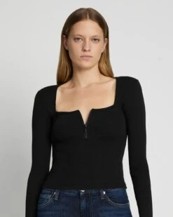 7 For All Mankind Quarter Zip Ribbed Top In Moonless Night