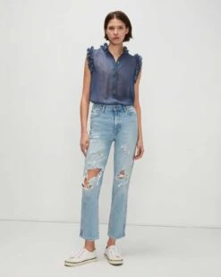 7 For All Mankind Sleeveless Lurex Stripe Ruffle Collar Shirt In Denim Blue