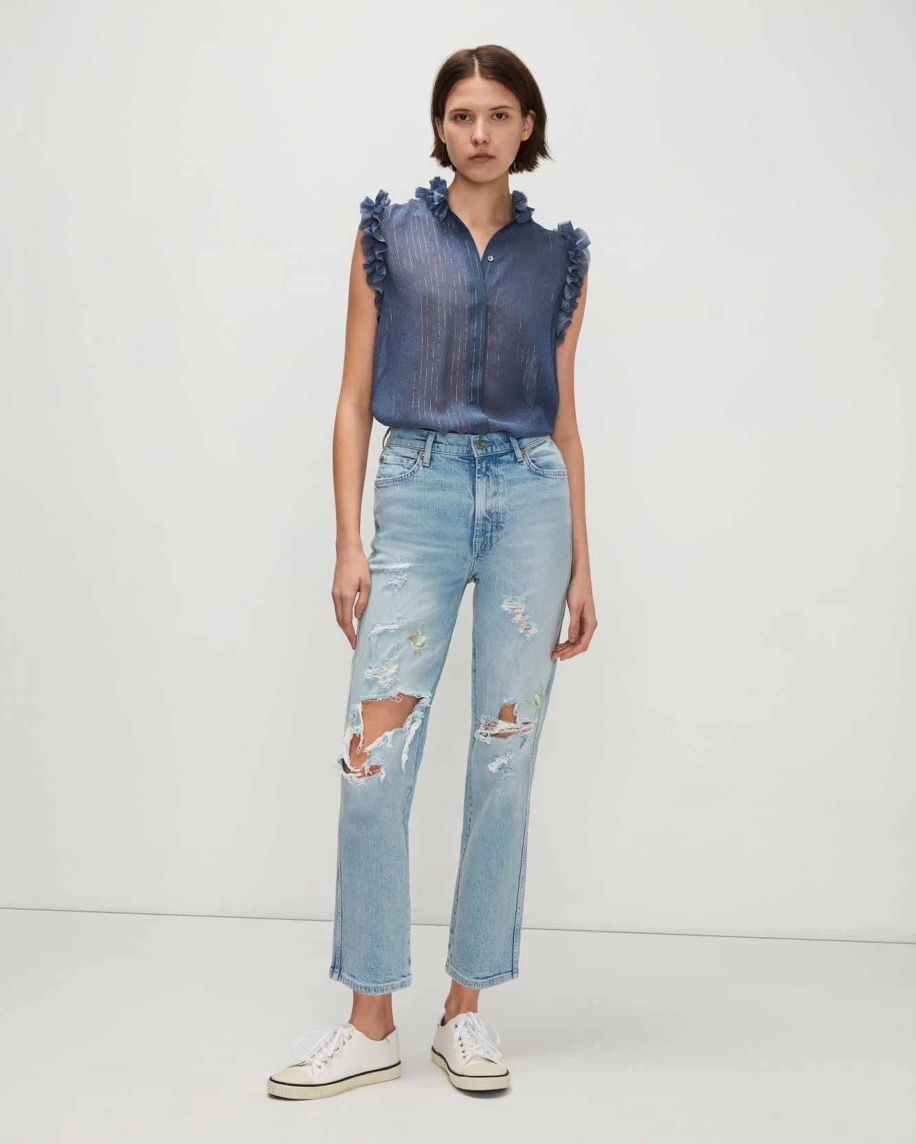 7 For All Mankind Sleeveless Lurex Stripe Ruffle Collar Shirt In Denim Blue 3 7 For All Mankind Sleeveless Lurex Stripe Ruffle Collar Shirt In Denim Blue