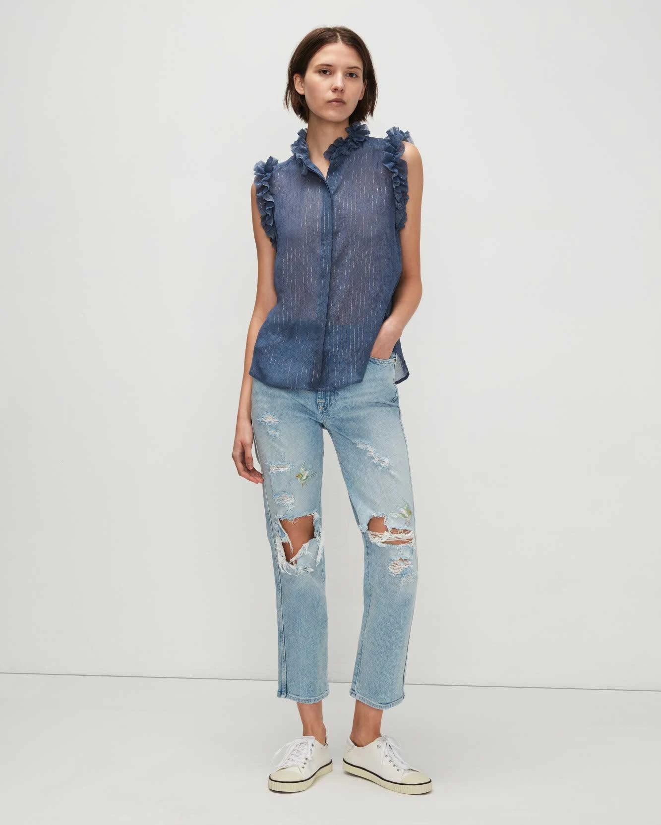 7 For All Mankind Sleeveless Lurex Stripe Ruffle Collar Shirt In Denim Blue 4 7 For All Mankind Sleeveless Lurex Stripe Ruffle Collar Shirt In Denim Blue - Image 2