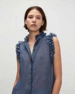 7 For All Mankind Sleeveless Lurex Stripe Ruffle Collar Shirt In Denim Blue 8 7 For All Mankind Sleeveless Lurex Stripe Ruffle Collar Shirt In Denim Blue -7 For All Mankind 7N515C55 DBM 03