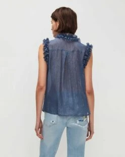 7 For All Mankind Sleeveless Lurex Stripe Ruffle Collar Shirt In Denim Blue 9 7 For All Mankind Sleeveless Lurex Stripe Ruffle Collar Shirt In Denim Blue -7 For All Mankind 7N515C55 DBM 04