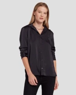 7 For All Mankind Embellished Satin Button-Up Shirt In Black