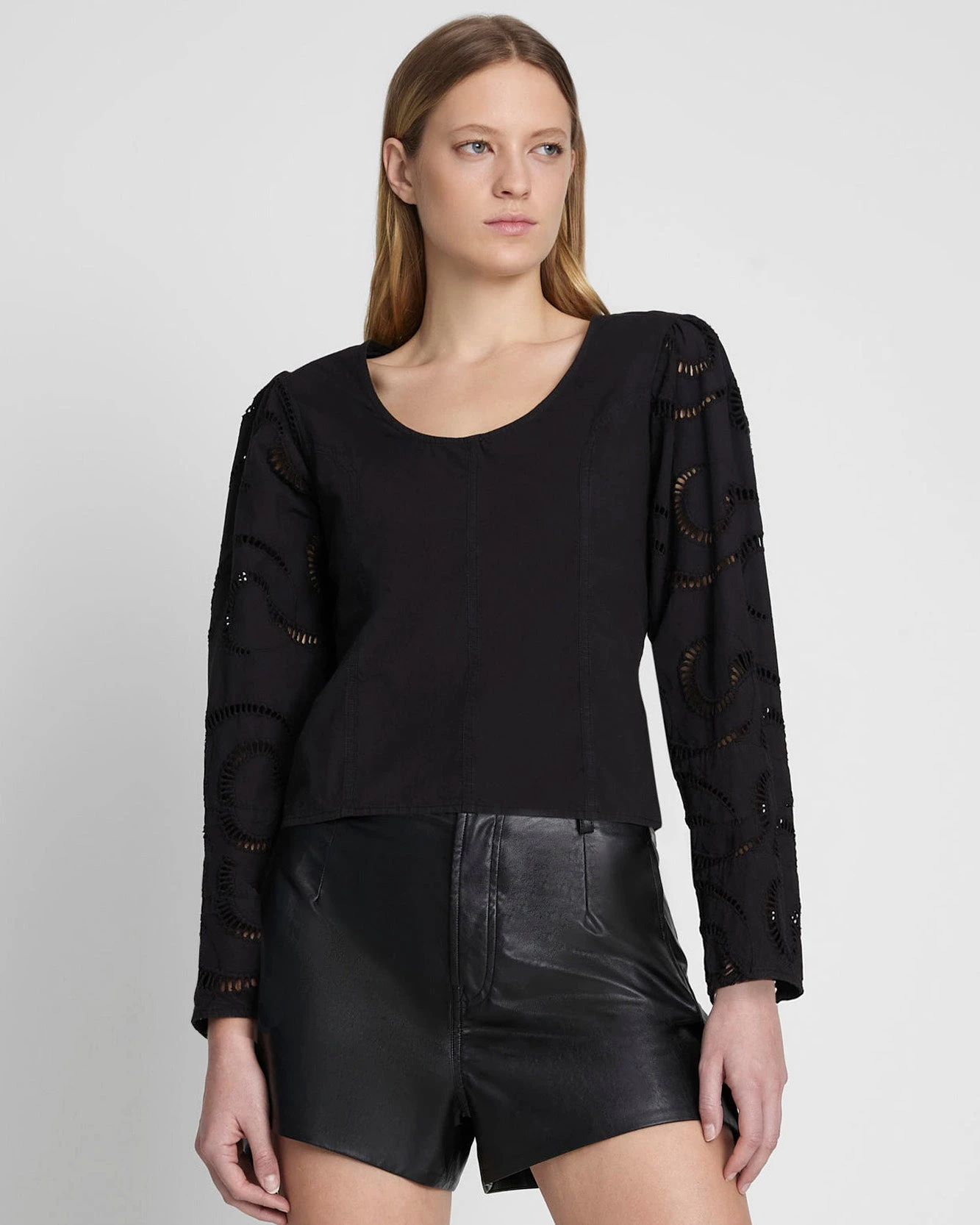 7 For All Mankind Balloon Sleeve Eyelet Top In Black 3 7 For All Mankind Balloon Sleeve Eyelet Top In Black
