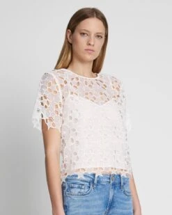 7 For All Mankind Star Lace Cropped Tee In Antique White