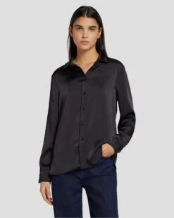 7 For All Mankind Satin Button Up Shirt In Black -7 For All Mankind 7N574F42 BLK 6