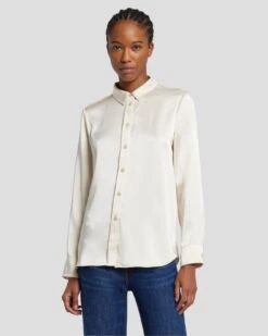 7 For All Mankind Satin Button Up Shirt In Cream -7 For All Mankind 7N574F42 CRM 6