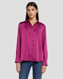 7 For All Mankind Satin Button Up Shirt In Raspberry -7 For All Mankind 7N574F42 RBR 3
