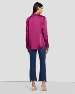 7 For All Mankind Satin Button Up Shirt In Raspberry -7 For All Mankind 7N574F42 RBR 4