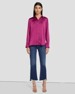 7 For All Mankind Satin Button Up Shirt In Raspberry -7 For All Mankind 7N574F42 RBR 6