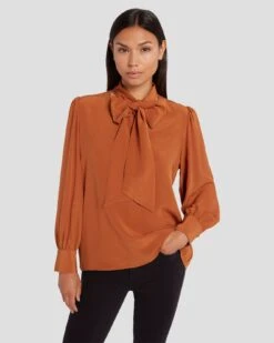 7 For All Mankind Silk Tie Neck Blouse In Ginger