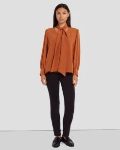 7 For All Mankind Silk Tie Neck Blouse In Ginger -7 For All Mankind 7N576F49 GIN 6