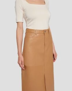 7 For All Mankind Leather Midi Skirt In Brown Sugar -7 For All Mankind 7N821D71 BNS 5