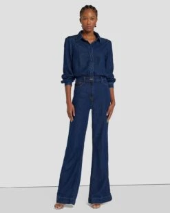 7 For All Mankind Denim Lustre Long Sleeve Jumpsuit In Poppy