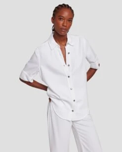 7 For All Mankind Denim Lustre Short Sleeve Shirt In Brilliant White -7 For All Mankind 7U993786 BW0 3