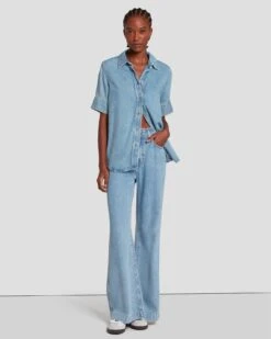 7 For All Mankind Denim Lustre Short Sleeve Shirt In Volcan Blue 9 7 For All Mankind Denim Lustre Short Sleeve Shirt In Volcan Blue -7 For All Mankind 7U993C86 VCB 2