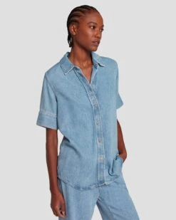 7 For All Mankind Denim Lustre Short Sleeve Shirt In Volcan Blue 10 7 For All Mankind Denim Lustre Short Sleeve Shirt In Volcan Blue -7 For All Mankind 7U993C86 VCB 3