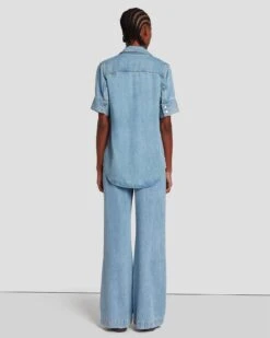 7 For All Mankind Denim Lustre Short Sleeve Shirt In Volcan Blue 11 7 For All Mankind Denim Lustre Short Sleeve Shirt In Volcan Blue -7 For All Mankind 7U993C86 VCB 4