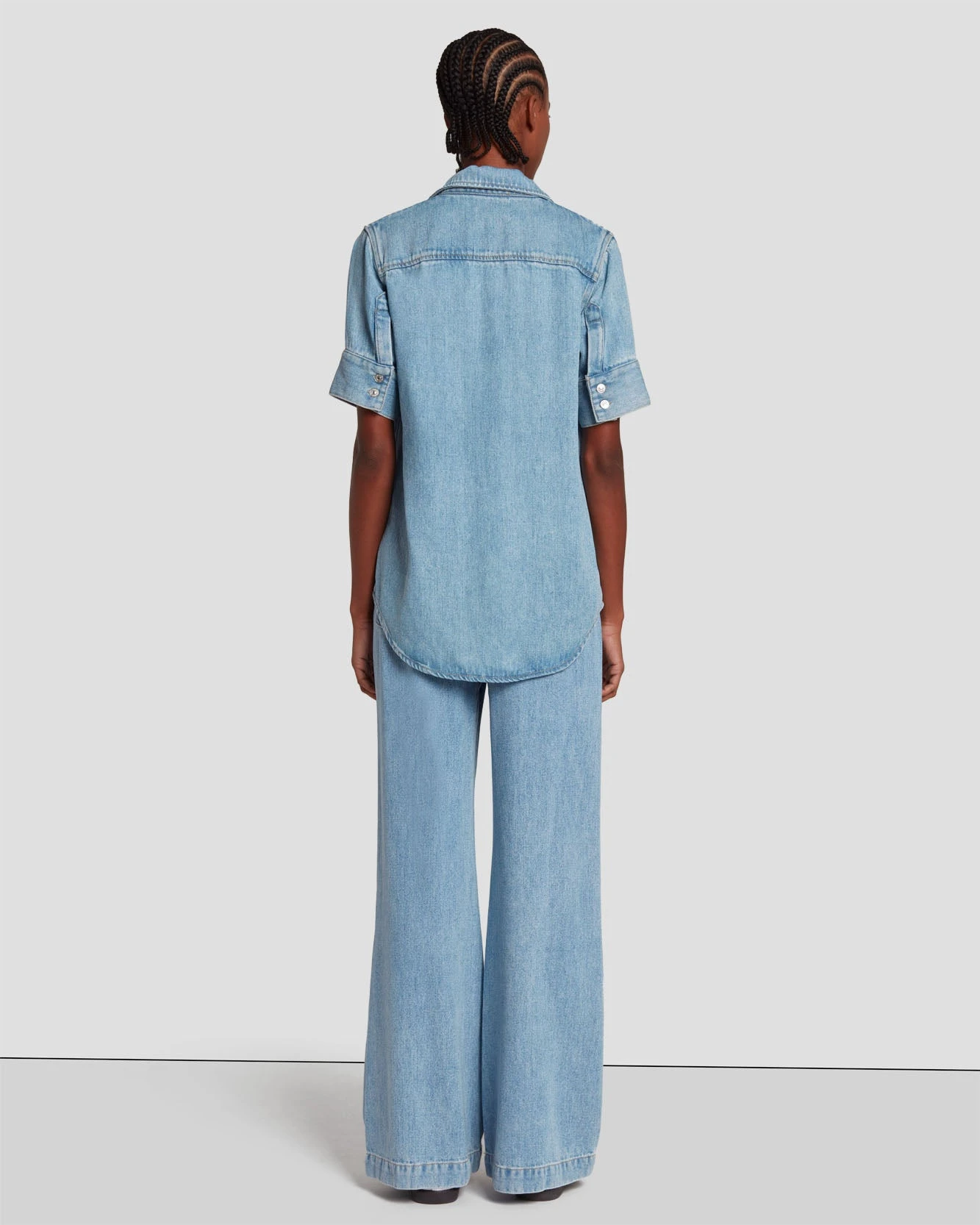 7 For All Mankind Denim Lustre Short Sleeve Shirt In Volcan Blue 6 7 For All Mankind Denim Lustre Short Sleeve Shirt In Volcan Blue - Image 4