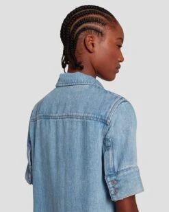 7 For All Mankind Denim Lustre Short Sleeve Shirt In Volcan Blue 12 7 For All Mankind Denim Lustre Short Sleeve Shirt In Volcan Blue -7 For All Mankind 7U993C86 VCB 5