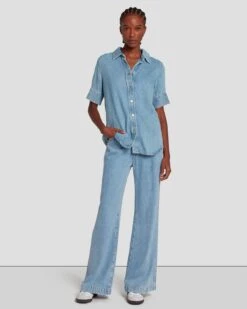 7 For All Mankind Denim Lustre Short Sleeve Shirt In Volcan Blue 13 7 For All Mankind Denim Lustre Short Sleeve Shirt In Volcan Blue -7 For All Mankind 7U993C86 VCB 6