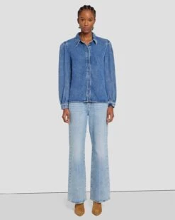 7 For All Mankind Denim Lustre Puff Sleeve Shirt In Daylily -7 For All Mankind 7U997C86 DLY 3