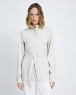 7 For All Mankind Faux Leather Belted Safari Jacket In Antique White