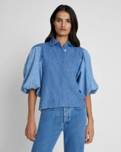 7 For All Mankind Puff Sleeve Denim Top In Star Patchwork